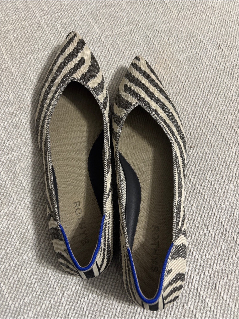 Rothy's Zebra-Print Pointed Flats in Beige, Black & Blue Trim